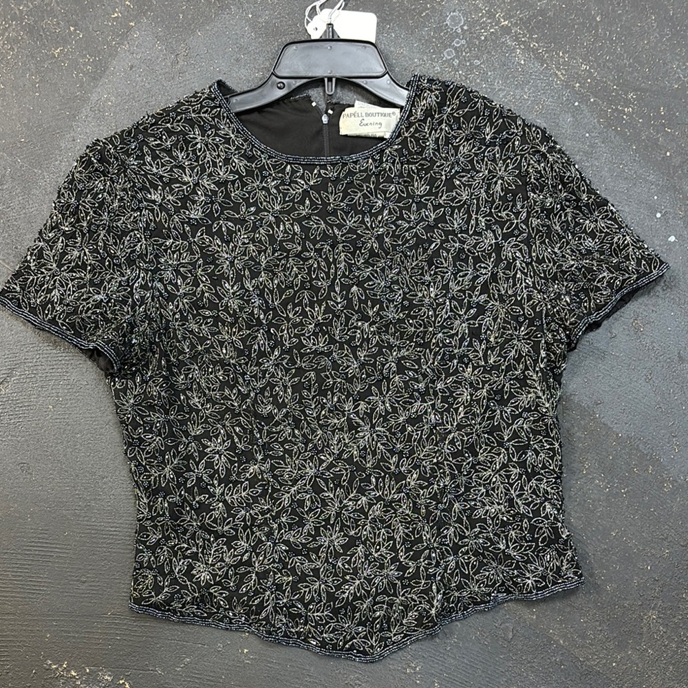 Papell Boutique Black and Silver Seed Bead Embroidery Short Sleeve Top